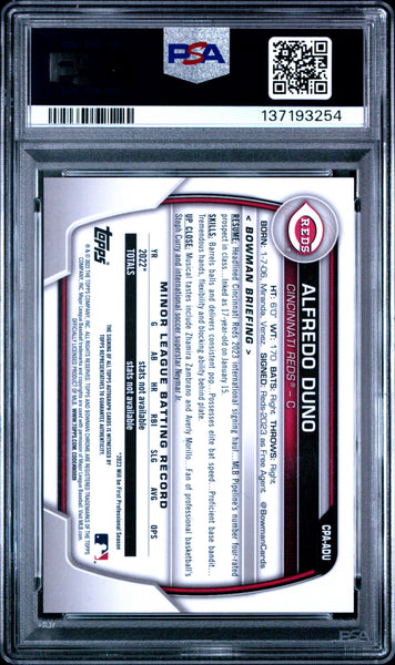 Alfredo Duno - 2023 Bowman Chrome Prospect Autographs Speckle Ref PSA 9 218/299