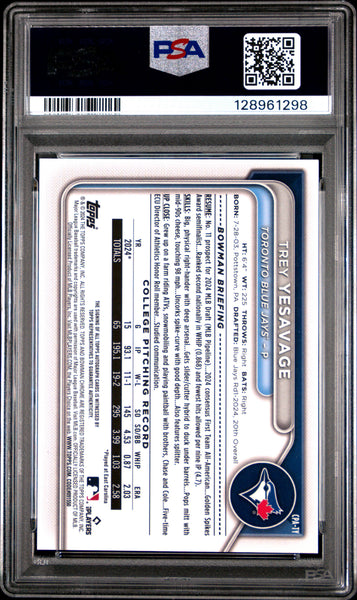 Trey Yesavage - 2024 Bowman Draft Chrome Prospect Autographs PSA 10