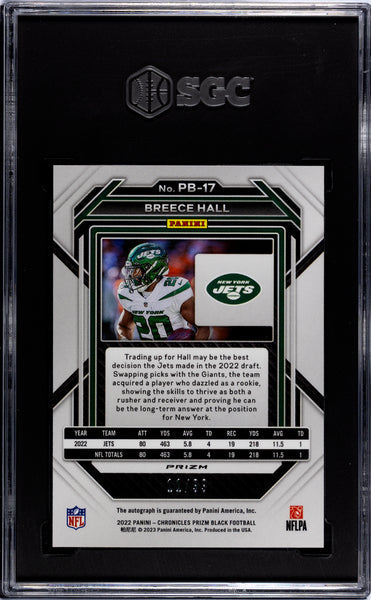 Breece Hall - 2022 Panini Chronicles Prizm Black Autograph Red Prizm SGC 10 /99