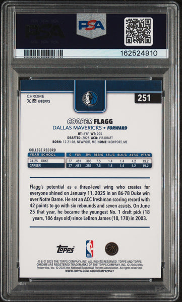 Cooper Flagg - 2025 Topps Chrome Teal Refractor PSA 9 /299 201/299 Oc