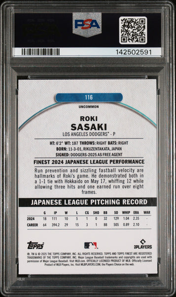 Roki Sasaki - 2025 Topps Finest Sky Blue Refractor Rookie PSA 10 112/250