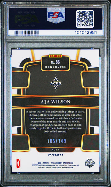 A'ja Wilson - 2024 Panini Select WNBA Purple Ice 105/149 PSA 10 #86