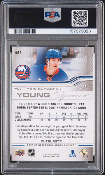 Matthew Schaefer - 2025 Upper Deck Outburst PSA 10