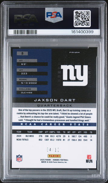 Jaxson Dart - 2025 Panini Honors 2002 Honors Rookies Purple PSA 10 4/12