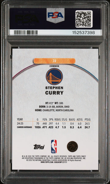 Stephen Curry - 2025 Topps Finest Blue X Fractor PSA 10 26/99