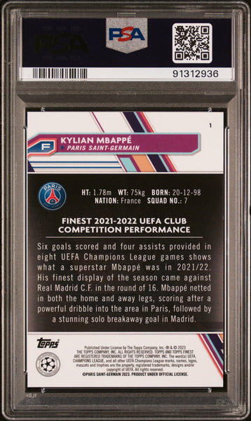 Kylian Mbappe - 2022-23 Topps Finest UEFA Club Competitions Sky Blue Refractor PSA 9 055/275