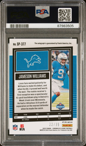 Jameson Williams - 2022 Panini Chronicles Score Rookies Update AUTO PSA 10
