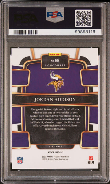 Jordan Addison - 2023 Panini Select Rookie #66 Green Prizm 3/5 Jersey # PSA 10