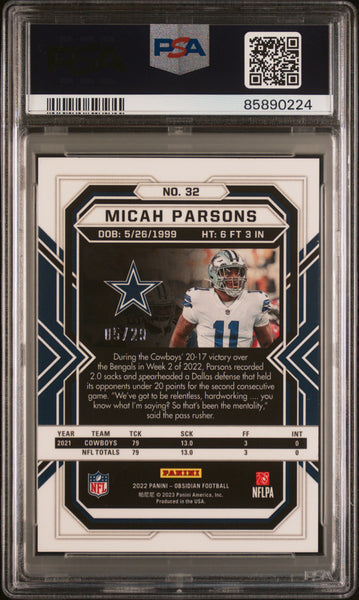 Micah Parsons - 2022 Panini Obsidian Electric Etch Red Flood PSA 9 /29