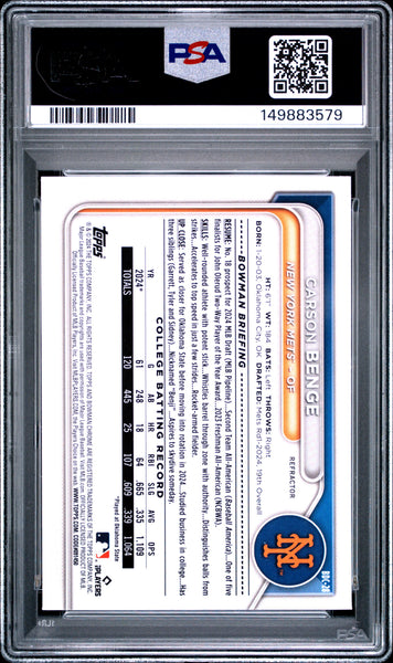 Carson Benge - 2024 Bowman Draft Chrome Refractor PSA 9