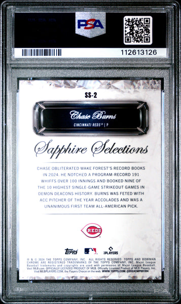 Chase Burns - 2024 Bowman Draft Sapphire Edition Sapphire Selections Gold Ref PSA 10 27/50