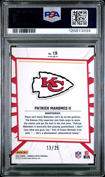 Patrick Mahomes II - 2023 Panini Donruss Optic My House! Black Pandora PSA 10 13/25