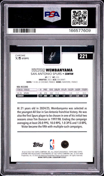 Victor Wembanyama - 2025-26 Topps Chrome Blue X Fractor PSA 10 #221