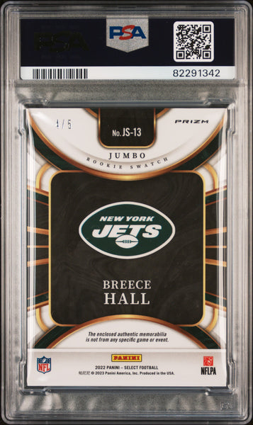 Breece Hall - 2022 Panini Select Jumbo Rookie Swatch Green Prizm /5 PSA 9 Rookie