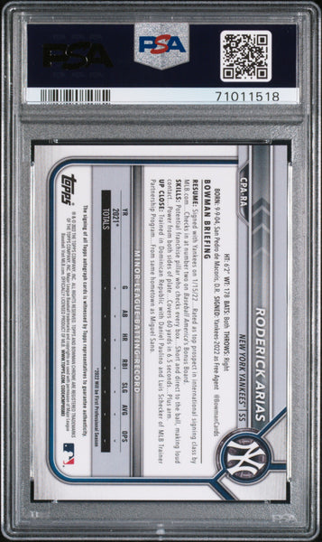 Roderick Arias - 2022 Bowman Chrome Prospect Autographs PSA 10
