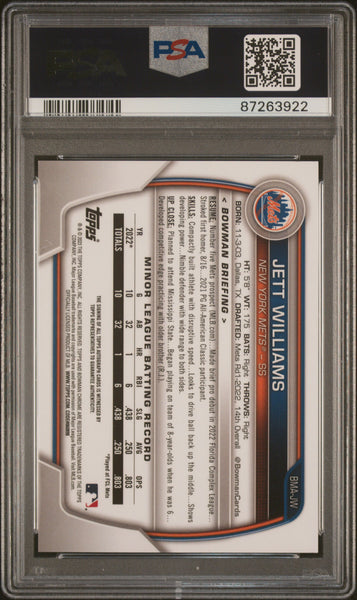 Jett Williams 2023 Bowman Mega Chrome Prospect Autographs Blue PSA 10 /150
