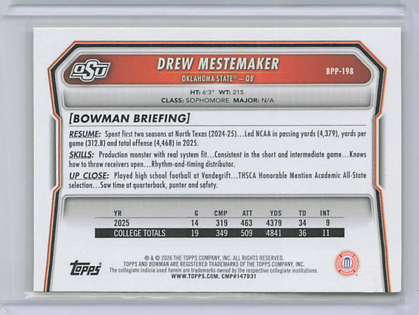 Drew Mestemaker - 2026 Bowman U Yellow Paper /275