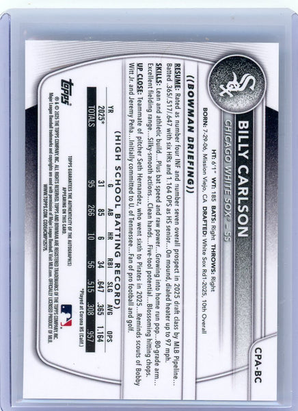 Billy Carlson - 2025 Bowman Chrome Auto 1st Bowman Prospect CPA-BC
