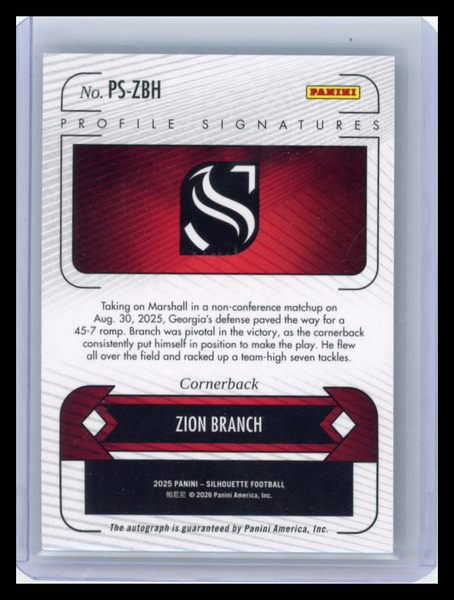 Zion Branch - 2026 Panini Silhouette Football Profile Signatures 20/25
