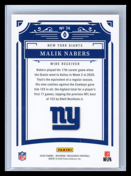 Malik Nabers - 2025 Panini National Treasures FOTL Red White Blue /13
