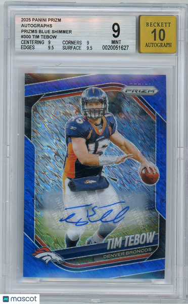 Tim Tebow - 2025 Panini Prizm Blue Shimmer Auto Jersey # 15/25 BGS 9