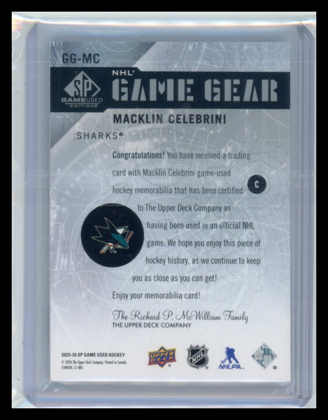 Macklin Celebrini - 2026  SP Game Used Game Gear Dual Jersey Patch 080/100