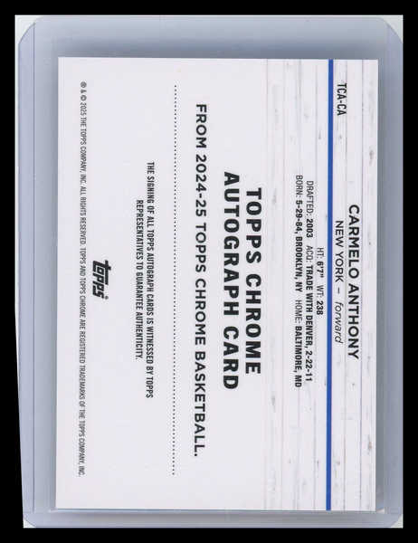 Carmelo Anthony - 2024 Topps Chrome Basketball Black Refractor Auto /10