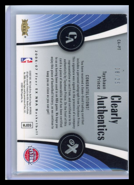 Tayshaun Prince - 2006-07 Fleer Clearly Authentics Autograph 08/25 Jersey Patch