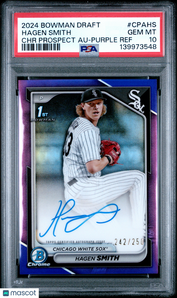Hagen Smith - 2024 Bowman Draft Chrome Prospect Auto Purple Ref PSA 10 242/250