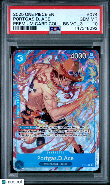 2025 One Piece Premium Card Collection -Best Selection Vol.3- Portgas D. Ace PSA 10 #074