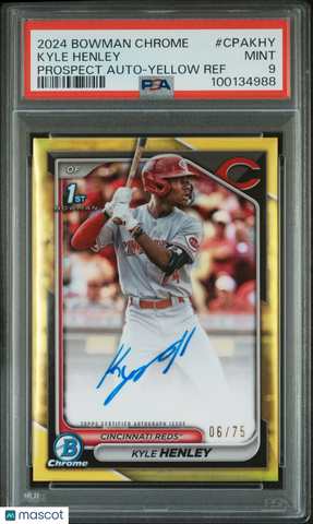 Kyle Henley - 2024 Bowman Chrome Prospect Autographs Yellow Ref PSA 9 06/75