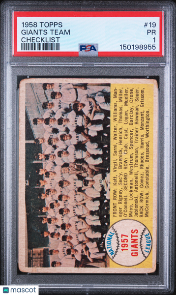Giants Team - 1958 Topps Checklist PSA 1