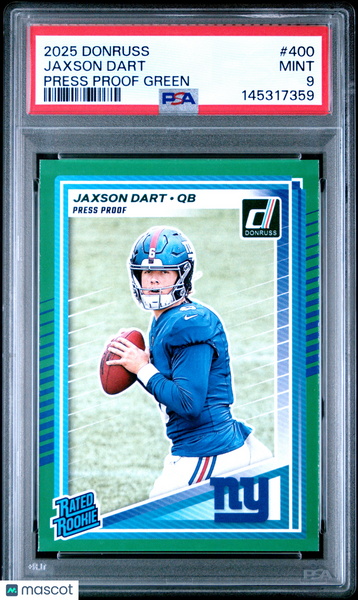 Jaxson Dart - 2025 Panini Donruss #400 Press Proof Green Rookie PSA 9