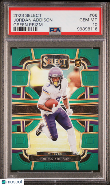 Jordan Addison - 2023 Panini Select Rookie #66 Green Prizm 3/5 Jersey # PSA 10