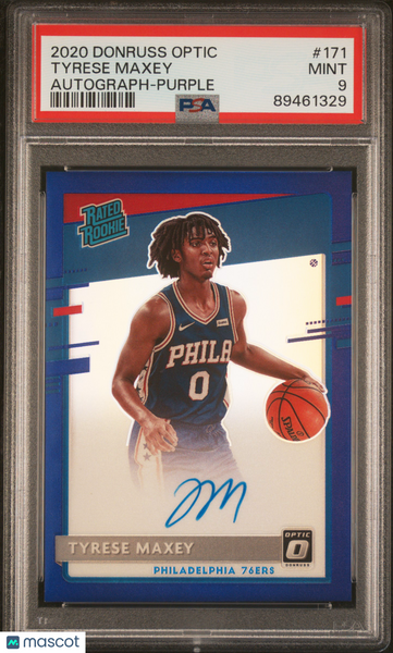 Tyrese Maxey - 2020 Panini Donruss Optic Autograph Purple PSA 9 on card