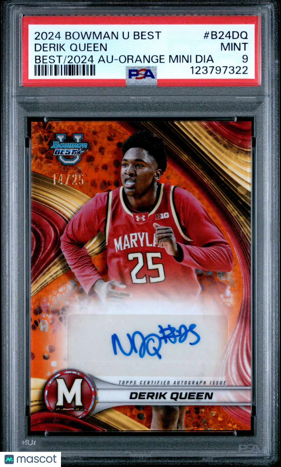 Derik Queen - 2024 Bowman University Best  Auto Orange Mini Dia PSA 9 14/25