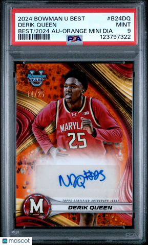 Derik Queen - 2024 Bowman University Best  Auto Orange Mini Dia PSA 9 14/25