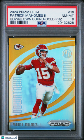 Patrick Mahomes II - 2024 Panini Prizm Deca Downtown Bound Gold PRZ PSA 8