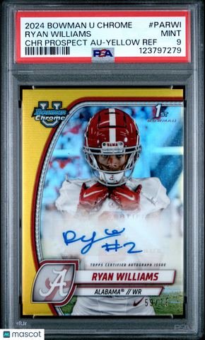 Ryan Williams - 2024 Bowman U Chrome Prospect Autographs Yellow Ref PSA 9 /75