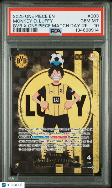2025 One Piece Promos Monkey D. Luffy BVB X One Piece Match Day '25 PSA 10 #003