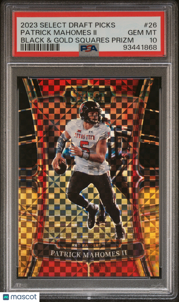 Patrick Mahomes II - 2023 Panini Select Draft Picks Black & Gold Squares Prizm PSA 10
