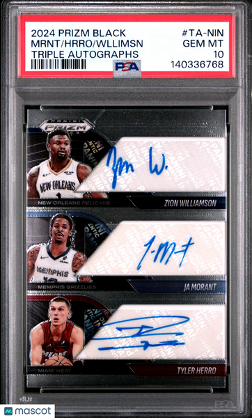 Zion Williamson Ja Morant Tyler Herro 2024 Panini Prizm Black Triple Auto PSA 10