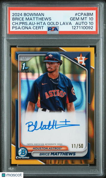 Brice Matthews - 2024 Bowman CH. PRS. Au Hta Gold Lava PSA 10 11/50