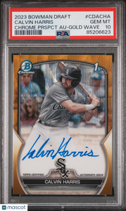 Calvin Harris 2023 Bowman Draft Chrome Prospect Autograph Gold Wave PSA 10 /50