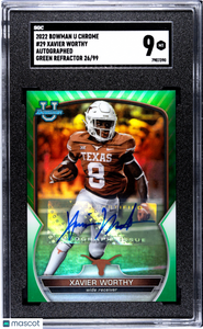 Xavier Worthy 2022 Bowman University Chrome Autograph Green Refractor SGC 9 /99