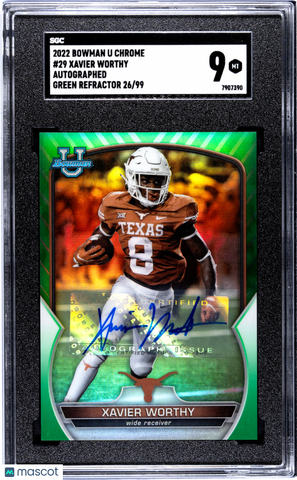 Xavier Worthy 2022 Bowman University Chrome Autograph Green Refractor SGC 9 /99