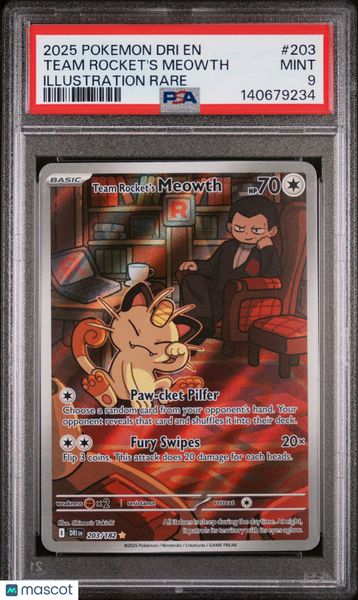 2025 Pokemon Destined Rivals Team Rocket's Meowth Illustration Rare PSA 9 #203