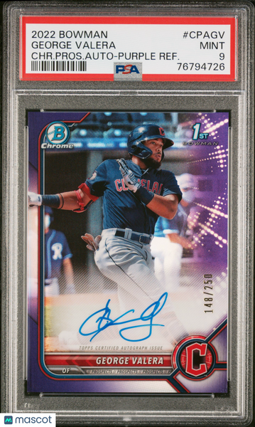 George Valera - 2022 Bowman CHR. Pros. Auto Purple Refractor PSA 9 148/250
