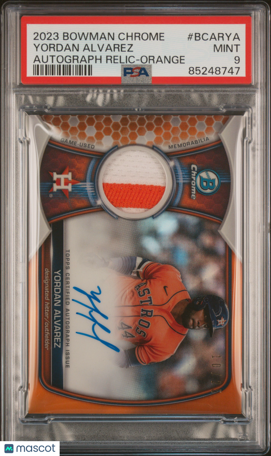 Yordan Alvarez - 2023 Bowman Chrome Autograph Relic Orange Ref PSA 9 10/25