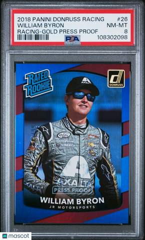 William Byron - 2018 Panini Donruss Racing Gold Press Proof 75/99 Rookie PSA 8